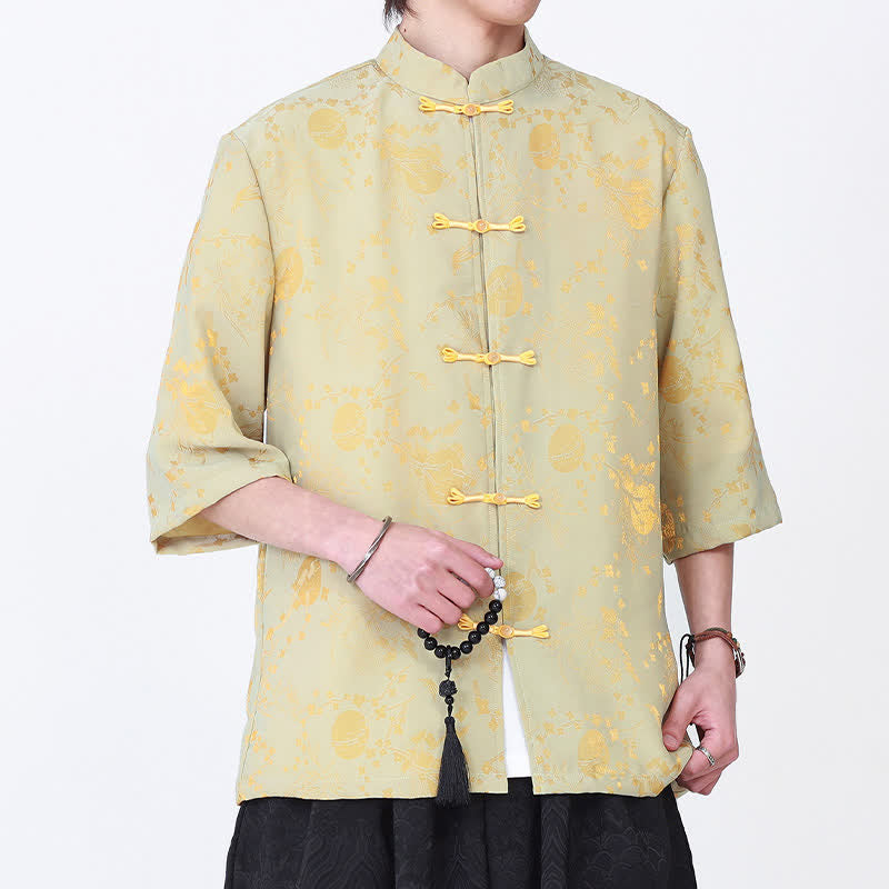 Buddha Stones Summer Vintage Elegant Mandarin Collar Gold Cloud Pattern Elbow Sleeve Men's Shirt - Khaki - US/UK/AU46，EU56 (5XL) - image 0