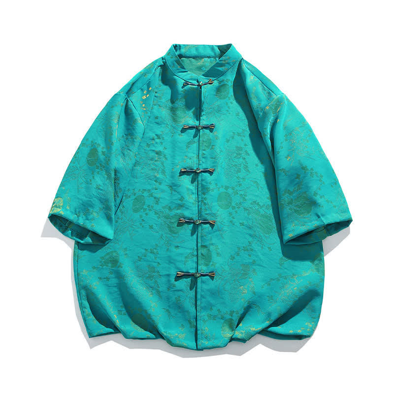 Buddha Stones Summer Vintage Elegant Mandarin Collar Gold Cloud Pattern Elbow Sleeve Men's Shirt - image 14