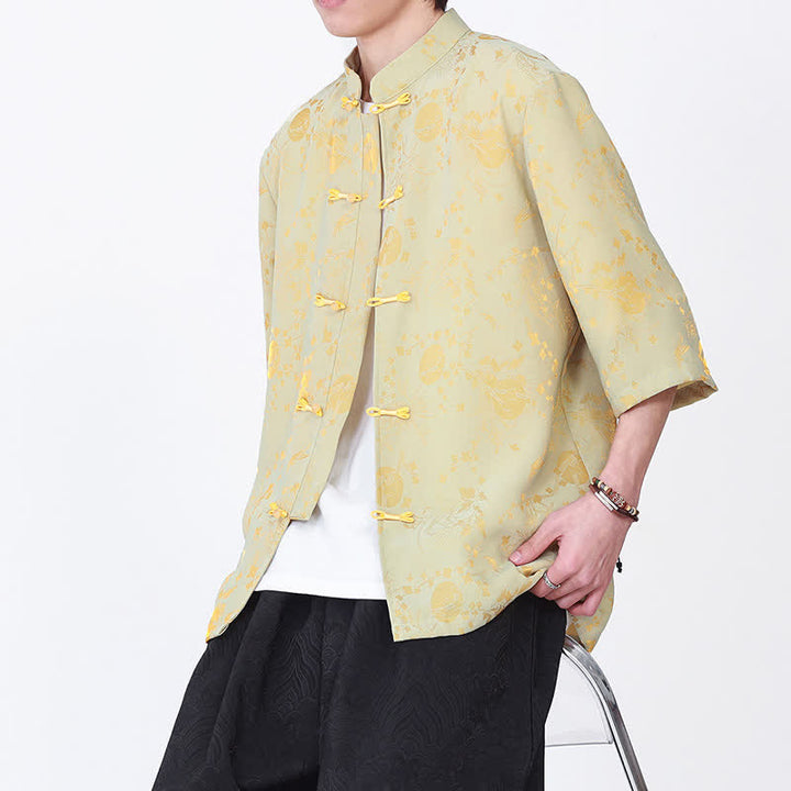 Buddha Stones Summer Vintage Elegant Mandarin Collar Gold Cloud Pattern Elbow Sleeve Men's Shirt - image 1
