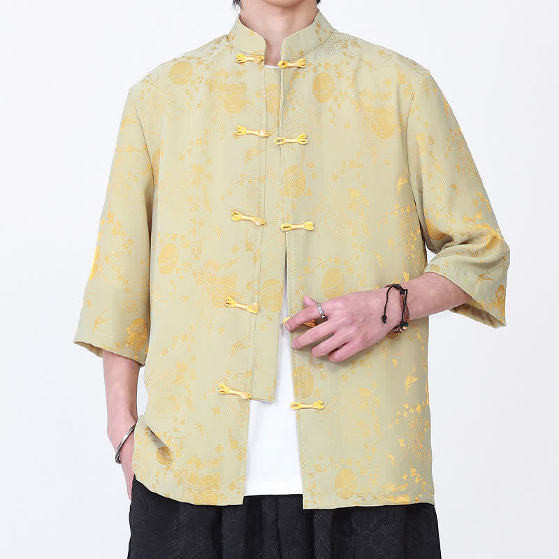 Buddha Stones Summer Vintage Elegant Mandarin Collar Gold Cloud Pattern Elbow Sleeve Men's Shirt - image 2