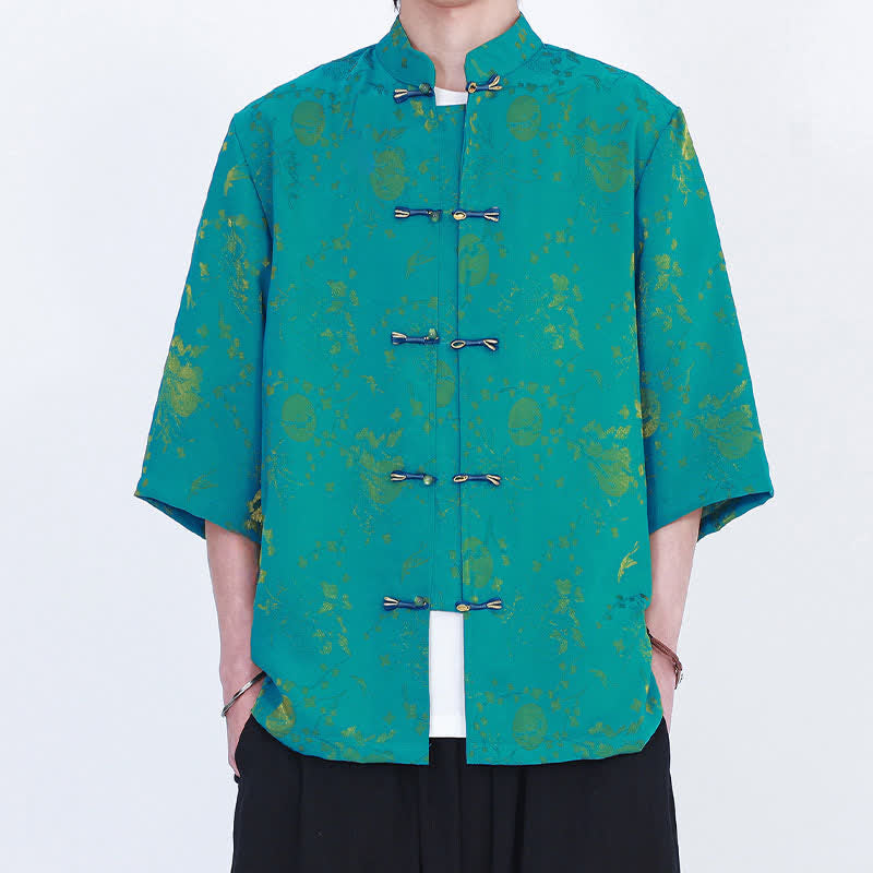 Buddha Stones Summer Vintage Elegant Mandarin Collar Gold Cloud Pattern Elbow Sleeve Men's Shirt - image 12