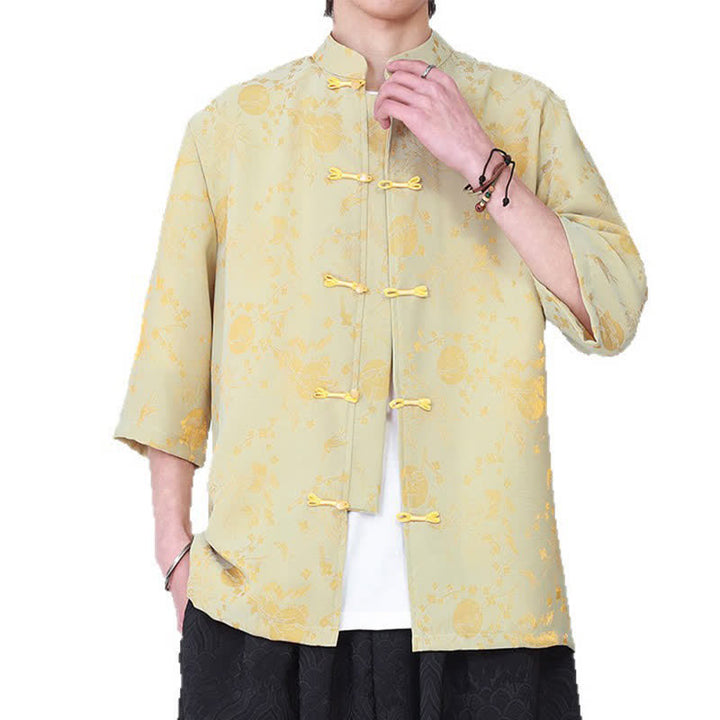 Buddha Stones Summer Vintage Elegant Mandarin Collar Gold Cloud Pattern Elbow Sleeve Men's Shirt - image 3