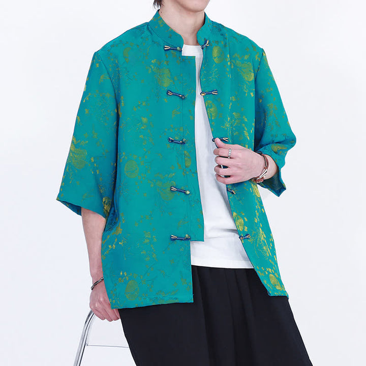 Buddha Stones Summer Vintage Elegant Mandarin Collar Gold Cloud Pattern Elbow Sleeve Men's Shirt - image 8