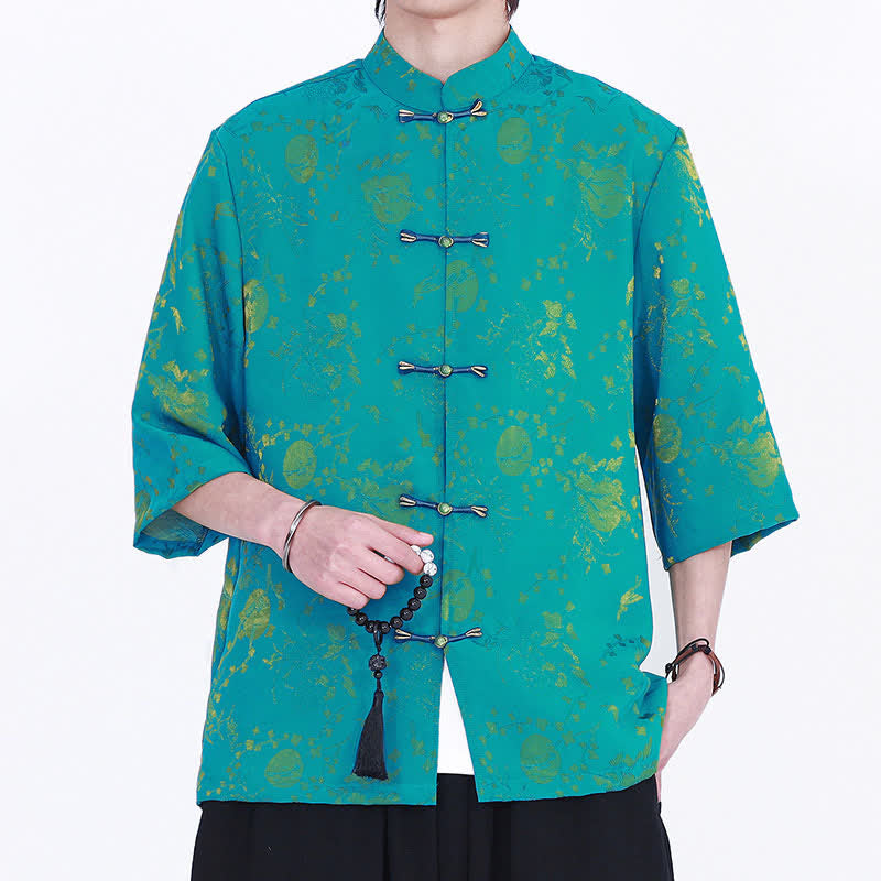 Buddha Stones Summer Vintage Elegant Mandarin Collar Gold Cloud Pattern Elbow Sleeve Men's Shirt - Turquoise - US/UK/AU46，EU56 (5XL) - image 7
