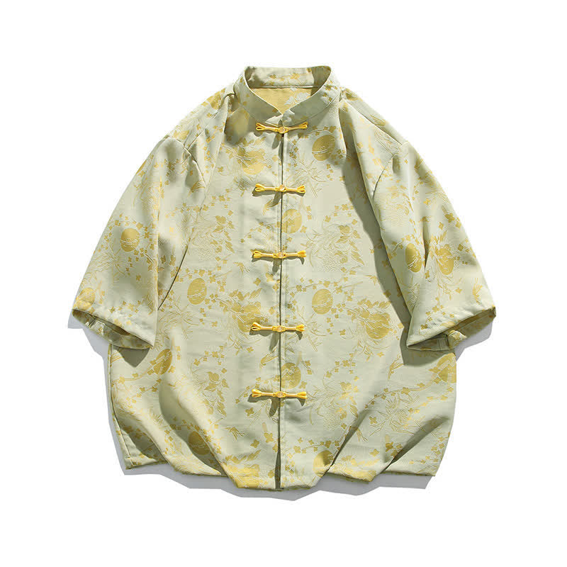 Buddha Stones Summer Vintage Elegant Mandarin Collar Gold Cloud Pattern Elbow Sleeve Men's Shirt - image 6