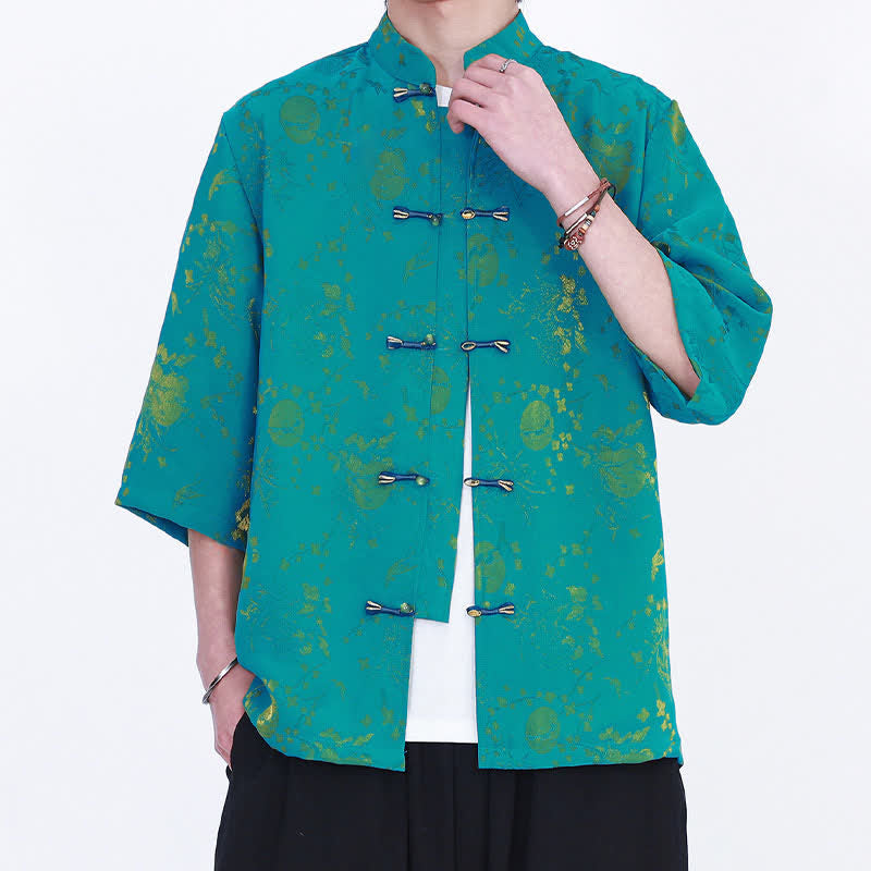 Buddha Stones Summer Vintage Elegant Mandarin Collar Gold Cloud Pattern Elbow Sleeve Men's Shirt - image 11