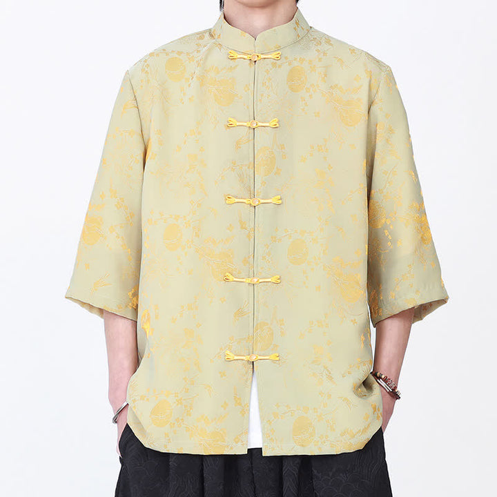 Buddha Stones Summer Vintage Elegant Mandarin Collar Gold Cloud Pattern Elbow Sleeve Men's Shirt - image 5