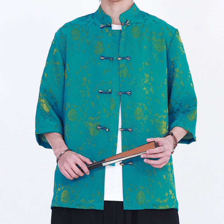Buddha Stones Summer Vintage Elegant Mandarin Collar Gold Cloud Pattern Elbow Sleeve Men's Shirt - image 13