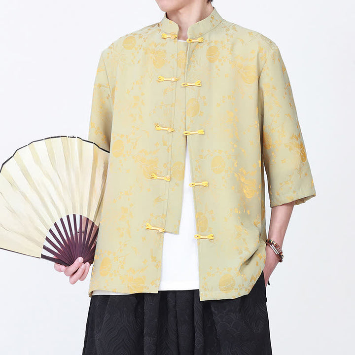 Buddha Stones Summer Vintage Elegant Mandarin Collar Gold Cloud Pattern Elbow Sleeve Men's Shirt - image 4