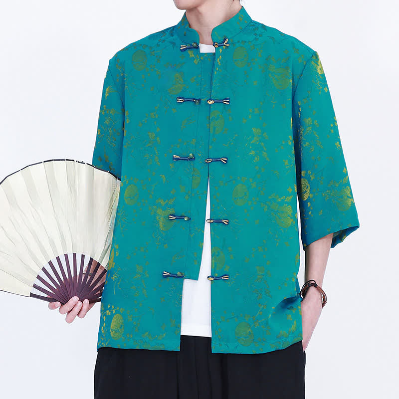 Buddha Stones Summer Vintage Elegant Mandarin Collar Gold Cloud Pattern Elbow Sleeve Men's Shirt - image 10