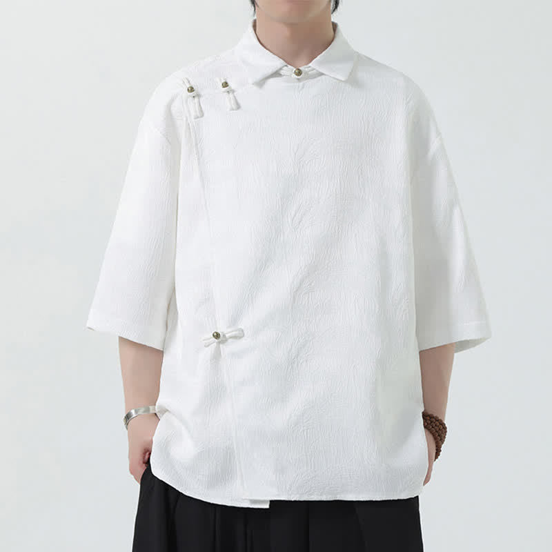 Buddha Stones Summer Mandarin Collar Textured Jacquard Men's Elbow Sleeve Shirt - image 12