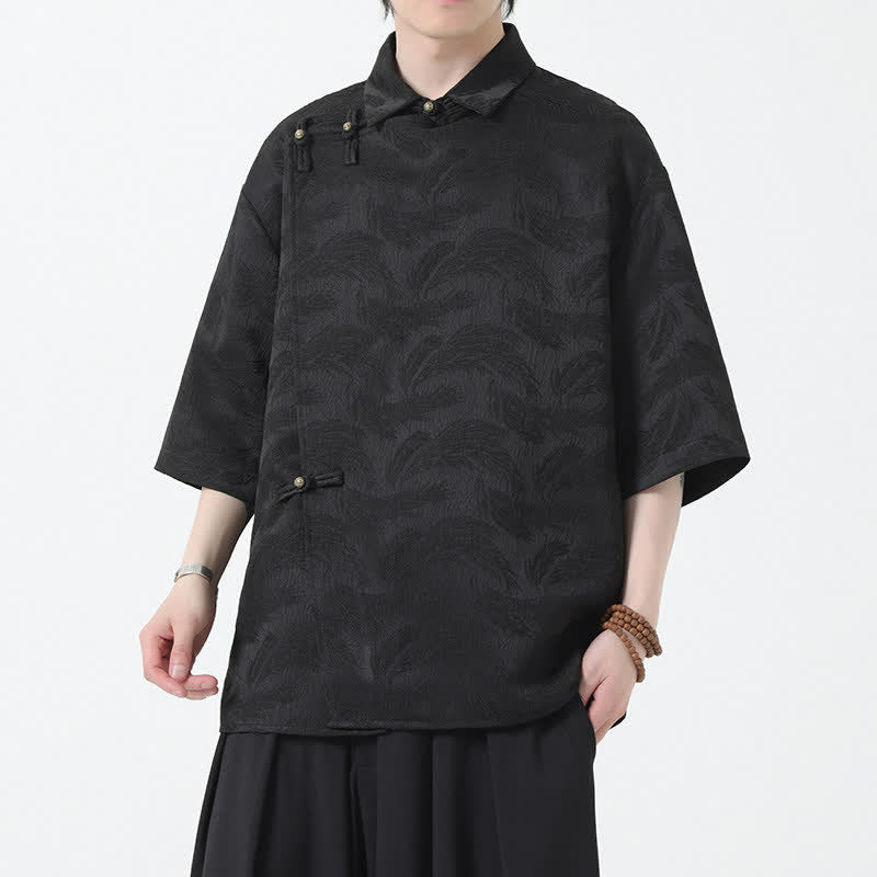 Buddha Stones Summer Mandarin Collar Textured Jacquard Men's Elbow Sleeve Shirt - image 0