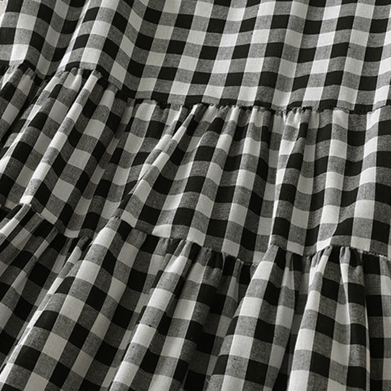 Buddha Stones Casual V-neck Short Sleeve Cotton Plaid Summer Midi Dress - image 5