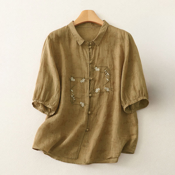 Buddha Stones Stand Collar Embroidery Button Design Three Quarter Sleeve Summer Women's Shirt - Peru - US8-10，UK/AU12-14，EU40-42 (2XL) - image 14