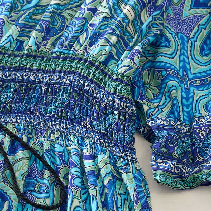 Buddha Stones Summer Peacock Paisley Tie Waist Viscose Lantern Sleeves Maxi Dress - image 6