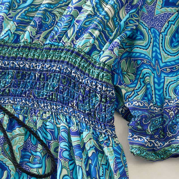 Buddha Stones Summer Peacock Paisley Tie Waist Viscose Lantern Sleeves Maxi Dress - image 6