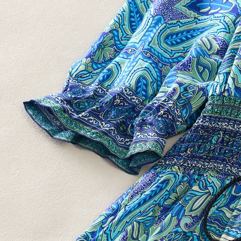 Buddha Stones Summer Peacock Paisley Tie Waist Viscose Lantern Sleeves Maxi Dress - image 4
