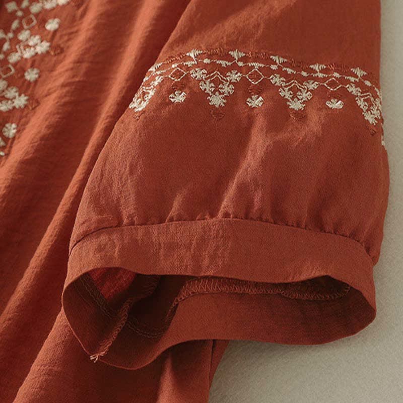 Buddha Stones Spring Embroidered Cotton Half Buttons Women's Short Sleeve Shirt - image 3
