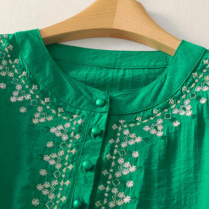 Buddha Stones Spring Embroidered Cotton Half Buttons Women's Short Sleeve Shirt - image 16