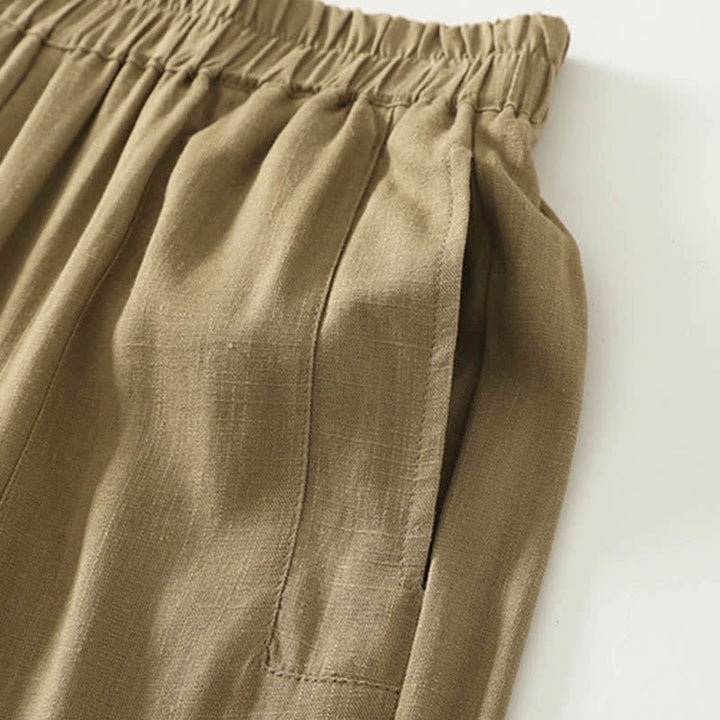 Buddha Stones Spring Solid Color Elastic Waist Cotton Women's Straight Leg Pants With Pockets - image 3