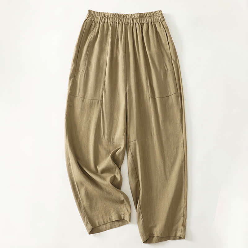 Buddha Stones Spring Solid Color Elastic Waist Cotton Women's Straight Leg Pants With Pockets - image 1