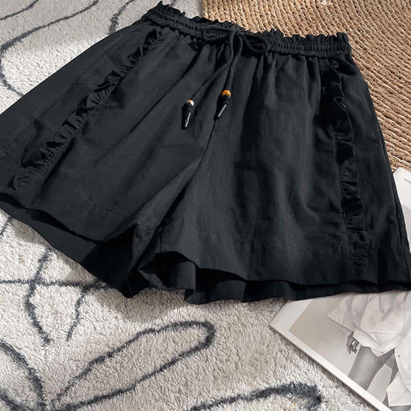 Buddha Stones Summer Drawstring Ruffle Elastic Waist Women's Shorts With Pockets - image 8