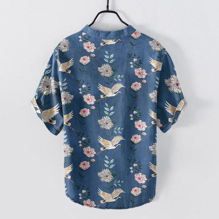 Buddha Stones Cotton Crane Floral Print Men's Short Sleeve Half Button Shirt - image 1