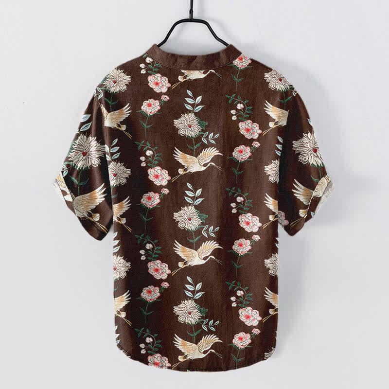 Buddha Stones Cotton Crane Floral Print Men's Short Sleeve Half Button Shirt - image 11