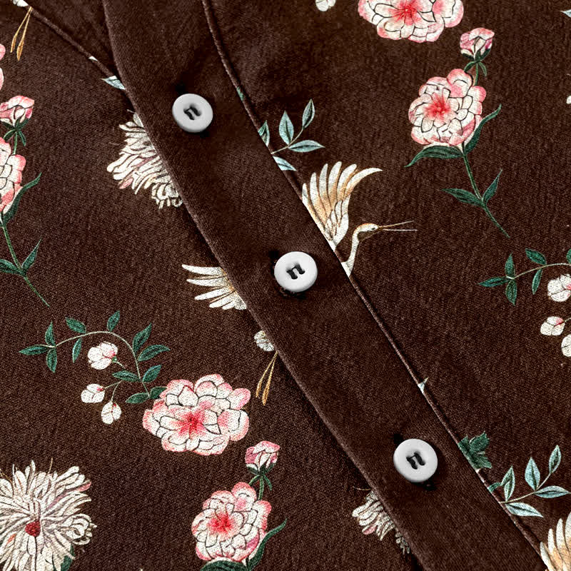 Buddha Stones Cotton Crane Floral Print Men's Short Sleeve Half Button Shirt - image 13