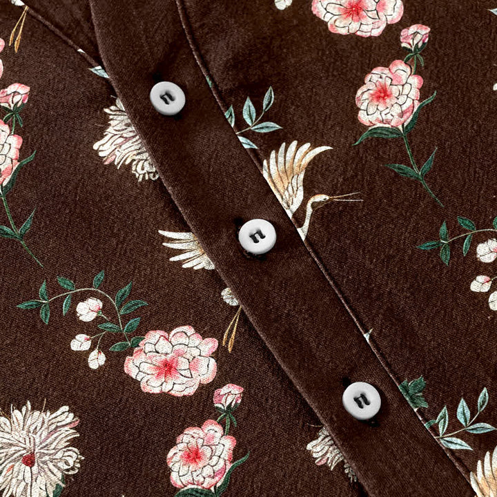 Buddha Stones Cotton Crane Floral Print Men's Short Sleeve Half Button Shirt - image 13