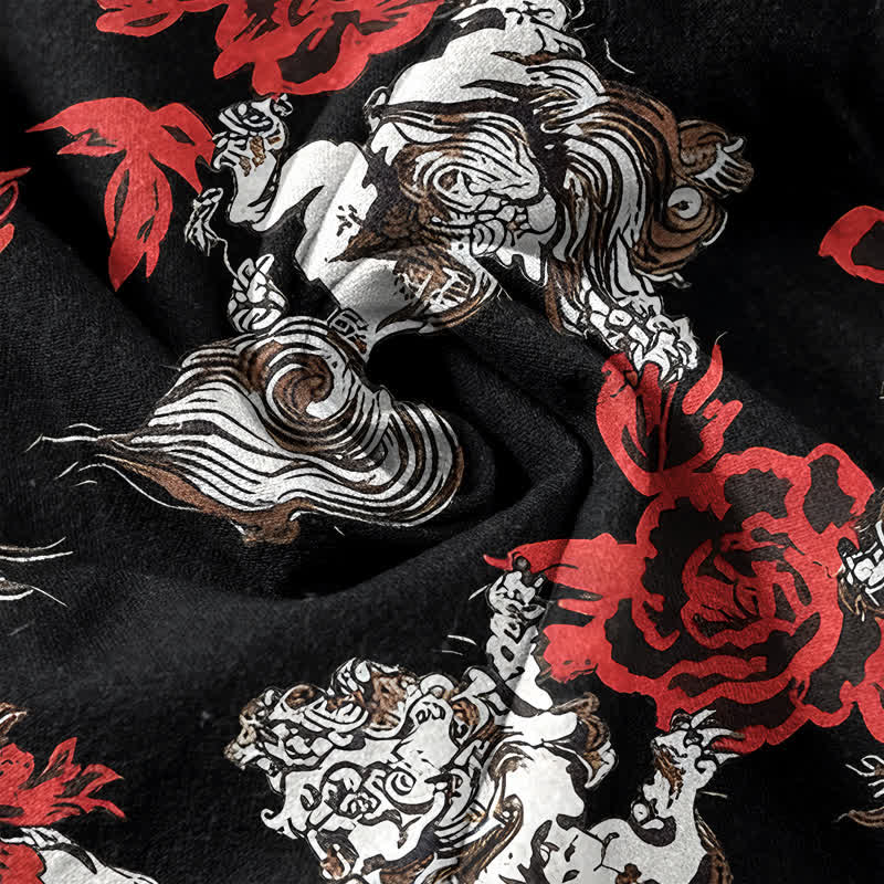Buddha Stones Cotton Red Floral Cloud Print Henley Men's Short Sleeve Half Button Shirt - image 4
