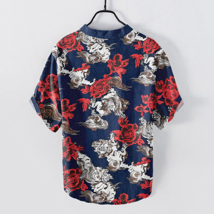 Buddha Stones Cotton Red Floral Cloud Print Henley Men's Short Sleeve Half Button Shirt - image 6