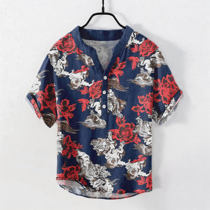 Buddha Stones Cotton Red Floral Cloud Print Henley Men's Short Sleeve Half Button Shirt - DarkBlue - US/UK/AU50，EU60 (5XL) - image 5