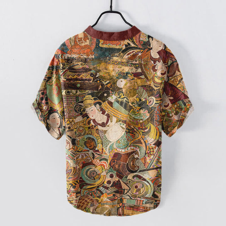 Buddha Stones Cotton Portrait Print Men's Short Sleeve Half Button Shirt - image 1