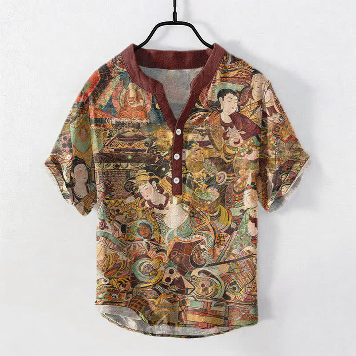 Buddha Stones Cotton Portrait Print Men's Short Sleeve Half Button Shirt - DarkRed - US/UK/AU50，EU60 (5XL) - image 0