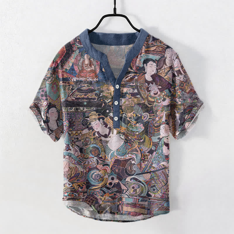 Buddha Stones Cotton Portrait Print Men's Short Sleeve Half Button Shirt - SteelBlue - US/UK/AU50，EU60 (5XL) - image 5
