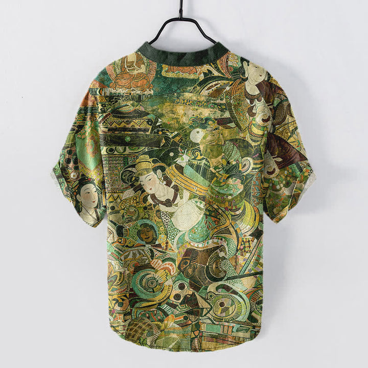 Buddha Stones Cotton Portrait Print Men's Short Sleeve Half Button Shirt - image 8