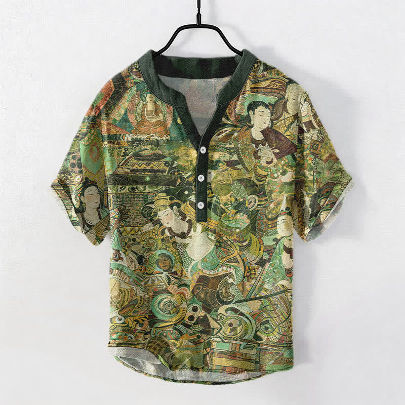 Buddha Stones Cotton Portrait Print Men's Short Sleeve Half Button Shirt - DarkGreen - US/UK/AU50，EU60 (5XL) - image 7