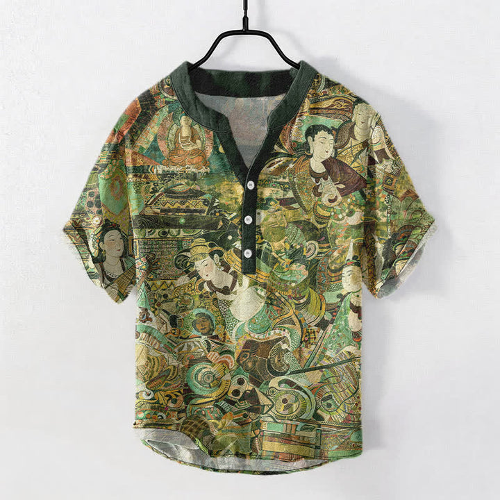 Buddha Stones Cotton Portrait Print Men's Short Sleeve Half Button Shirt - DarkGreen - US/UK/AU50，EU60 (5XL) - image 7