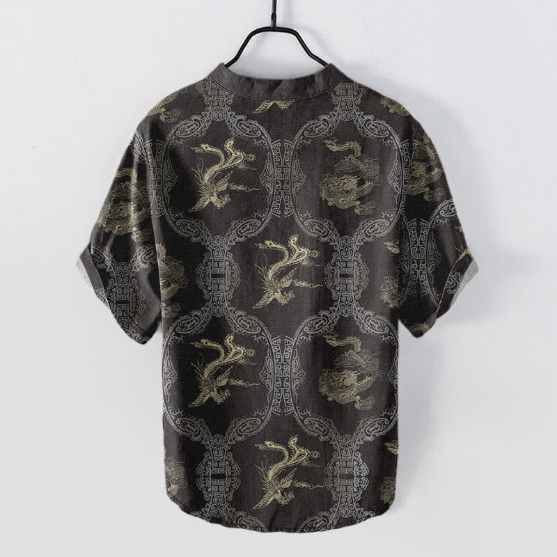 Buddha Stones Cotton Dragon Phoenix Emblem Men's Short Sleeve Half Button Shirt - image 1