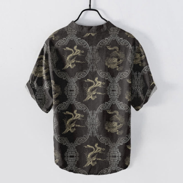 Buddha Stones Cotton Dragon Phoenix Emblem Men's Short Sleeve Half Button Shirt - image 1