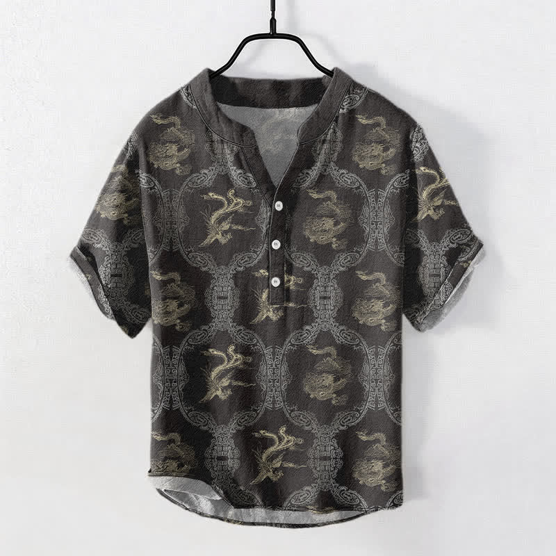 Buddha Stones Cotton Dragon Phoenix Emblem Men's Short Sleeve Half Button Shirt - DimGray - US/UK/AU50，EU60 (5XL) - image 0
