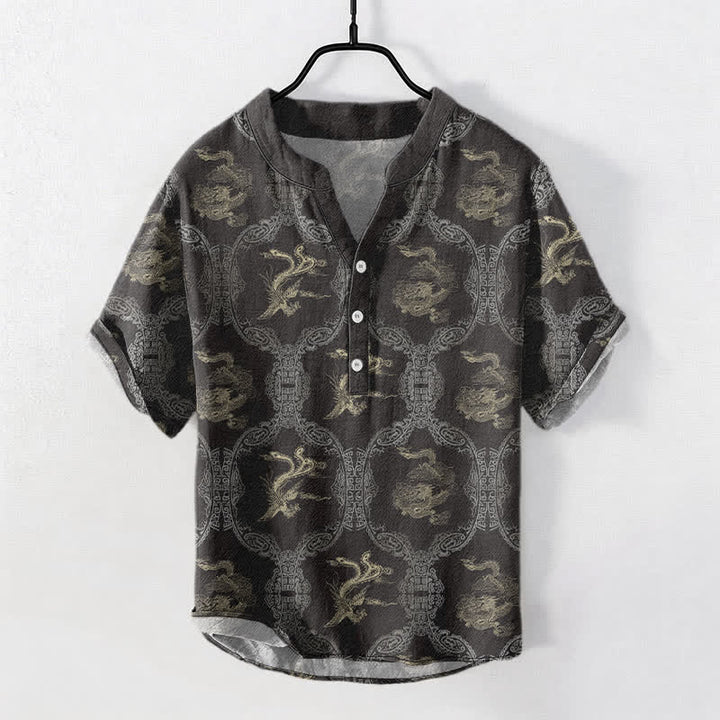 Buddha Stones Cotton Dragon Phoenix Emblem Men's Short Sleeve Half Button Shirt - DimGray - US/UK/AU50，EU60 (5XL) - image 0
