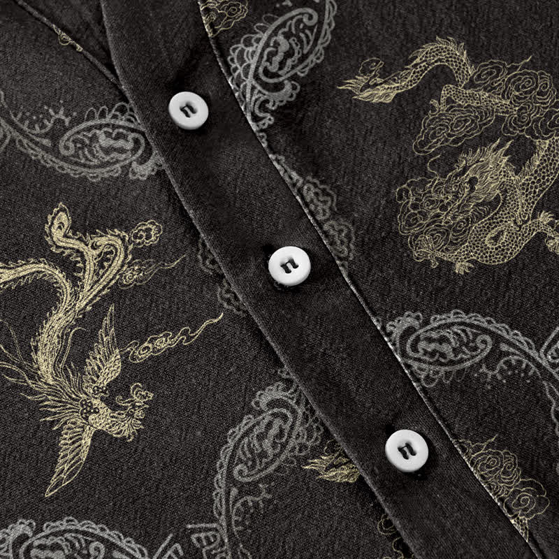 Buddha Stones Cotton Dragon Phoenix Emblem Men's Short Sleeve Half Button Shirt - image 2