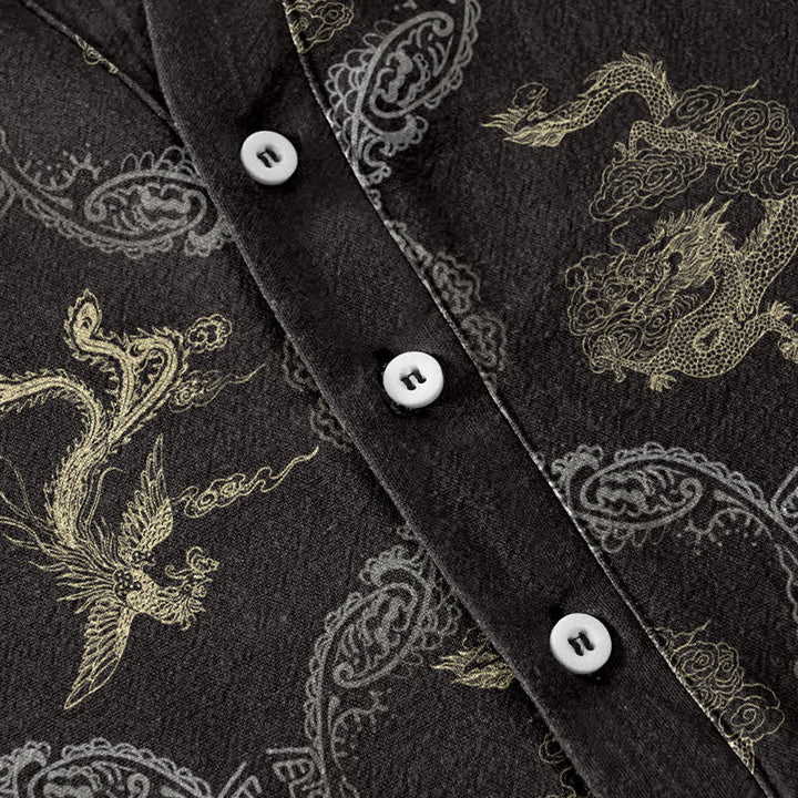 Buddha Stones Cotton Dragon Phoenix Emblem Men's Short Sleeve Half Button Shirt - image 2