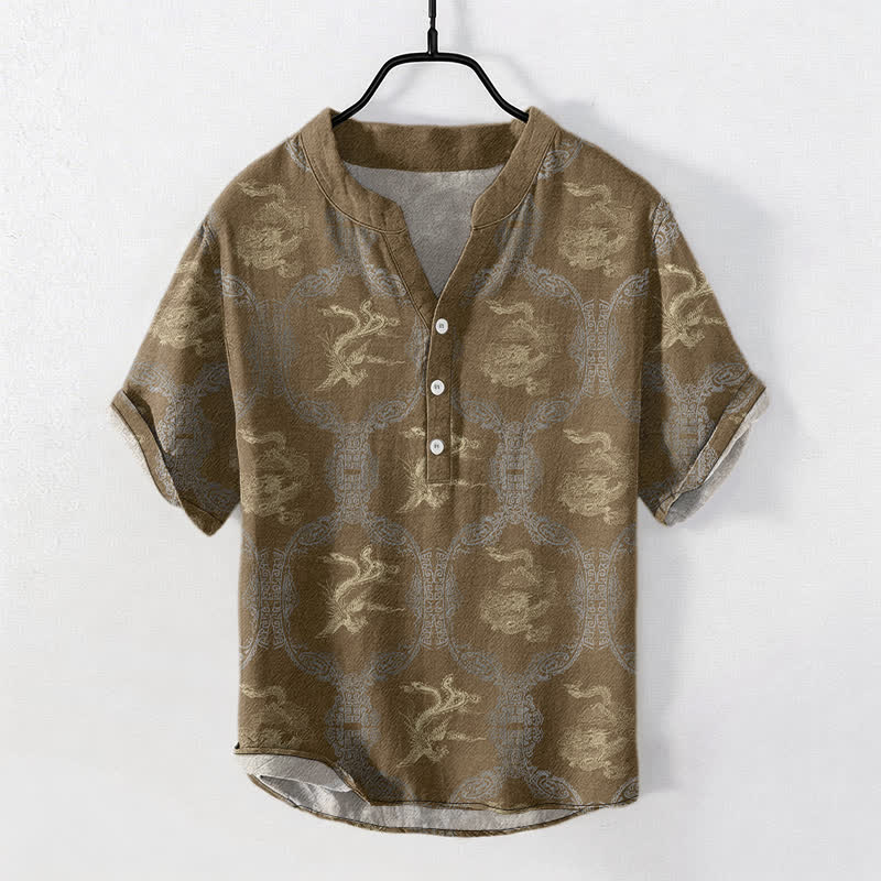 Buddha Stones Cotton Dragon Phoenix Emblem Men's Short Sleeve Half Button Shirt - DarkGoldenrod - US/UK/AU50，EU60 (5XL) - image 4