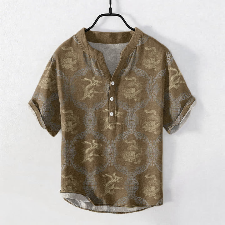 Buddha Stones Cotton Dragon Phoenix Emblem Men's Short Sleeve Half Button Shirt - DarkGoldenrod - US/UK/AU50，EU60 (5XL) - image 4