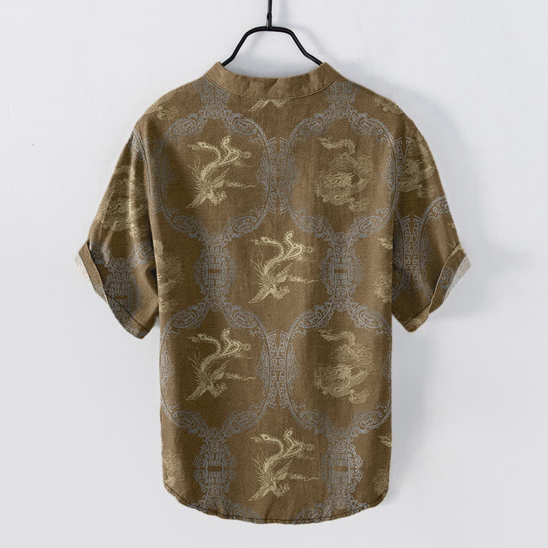 Buddha Stones Cotton Dragon Phoenix Emblem Men's Short Sleeve Half Button Shirt - image 5