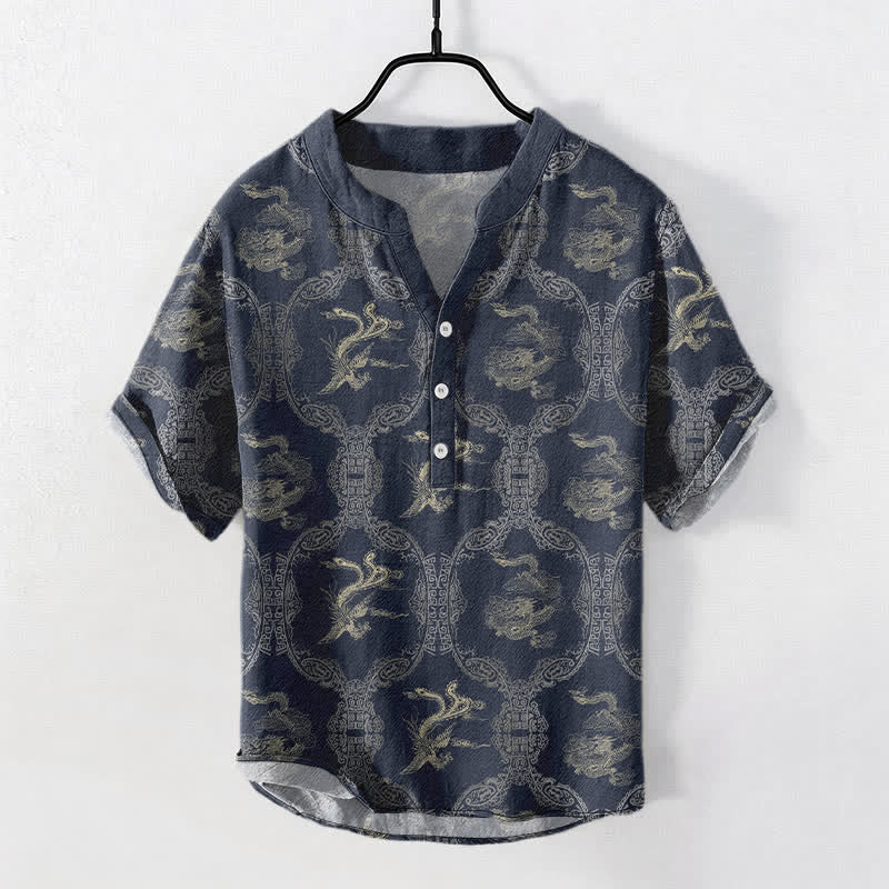 Buddha Stones Cotton Dragon Phoenix Emblem Men's Short Sleeve Half Button Shirt - MidnightBlue - US/UK/AU50，EU60 (5XL) - image 6