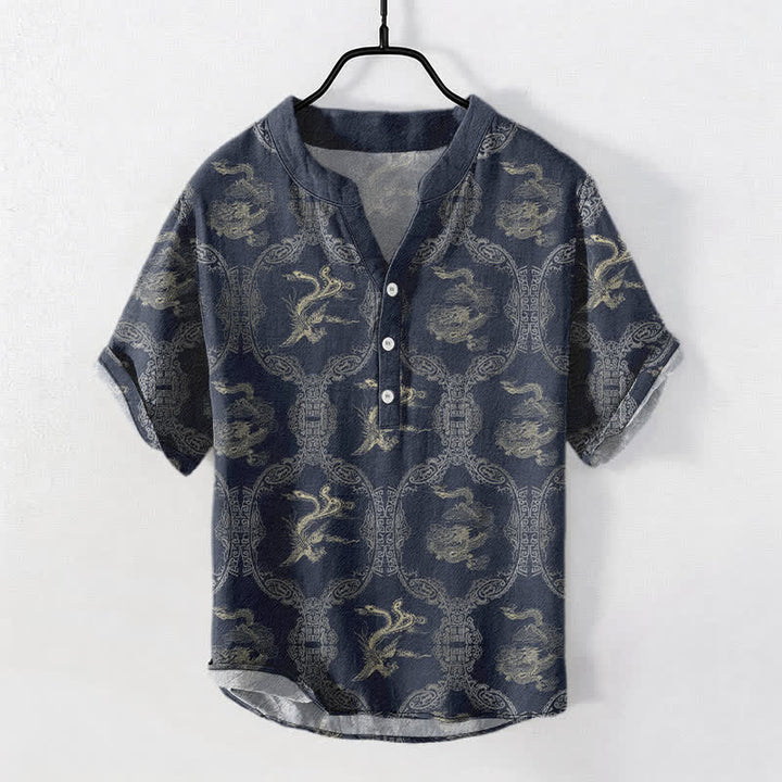 Buddha Stones Cotton Dragon Phoenix Emblem Men's Short Sleeve Half Button Shirt - MidnightBlue - US/UK/AU50，EU60 (5XL) - image 6